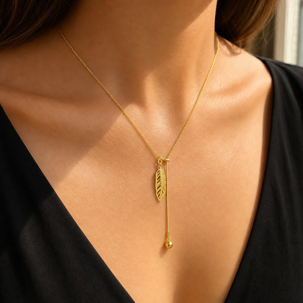 Colar Dourado em Y com Folha e Esfera | 85417-2 colar dourado em Y com folha, referência 85417-2