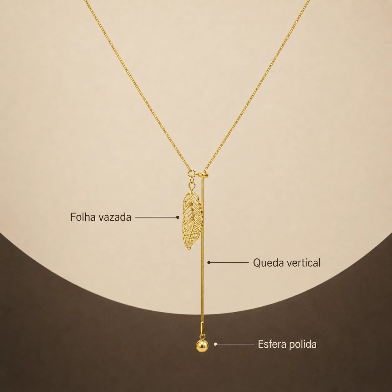 Colar Dourado em Y com Folha e Esfera | 85417-2 colar dourado em Y com folha, referência 85417-2