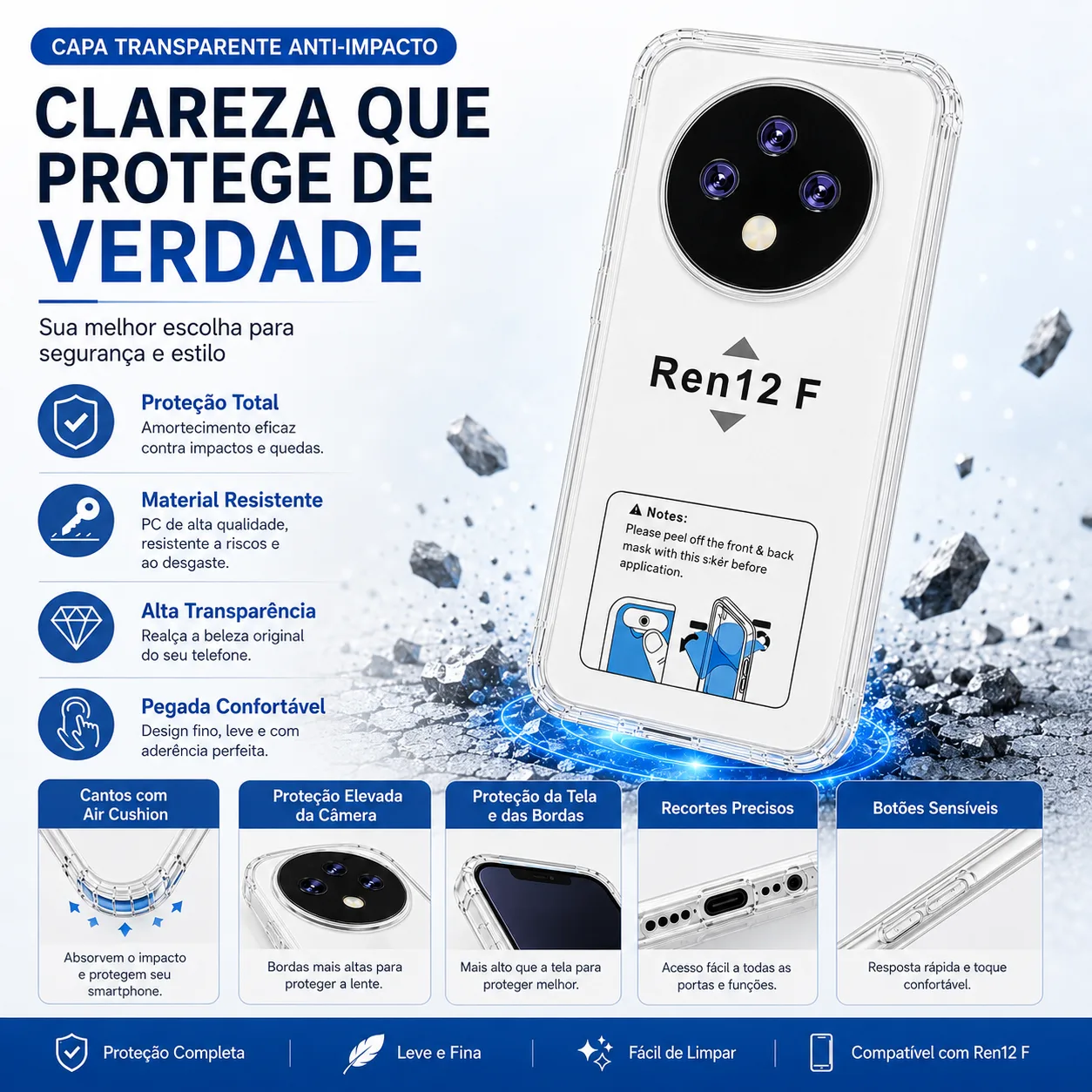 Capa OPPO Reno12 F 4G/5G Transparente Anti-Choque Capa OPPO Reno12 F 4G 5G transparente anti-choque