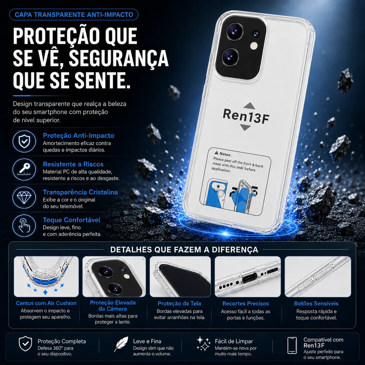 Capa OPPO Reno13 F 5G Transparente Anti-Choque Capa OPPO Reno13 F 5G transparente anti-choque
