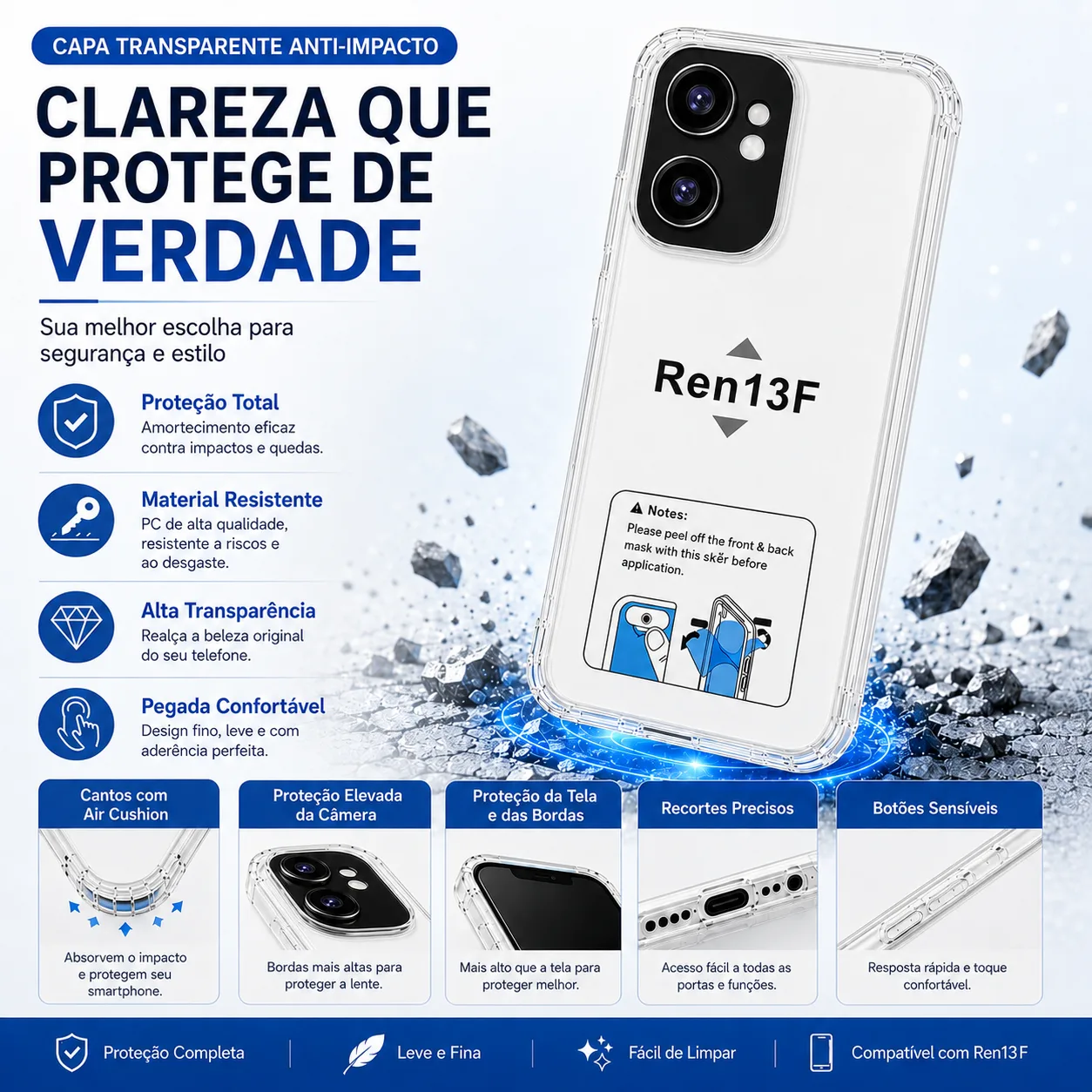 Capa OPPO Reno13 F 5G Transparente Anti-Choque Capa OPPO Reno13 F 5G transparente anti-choque