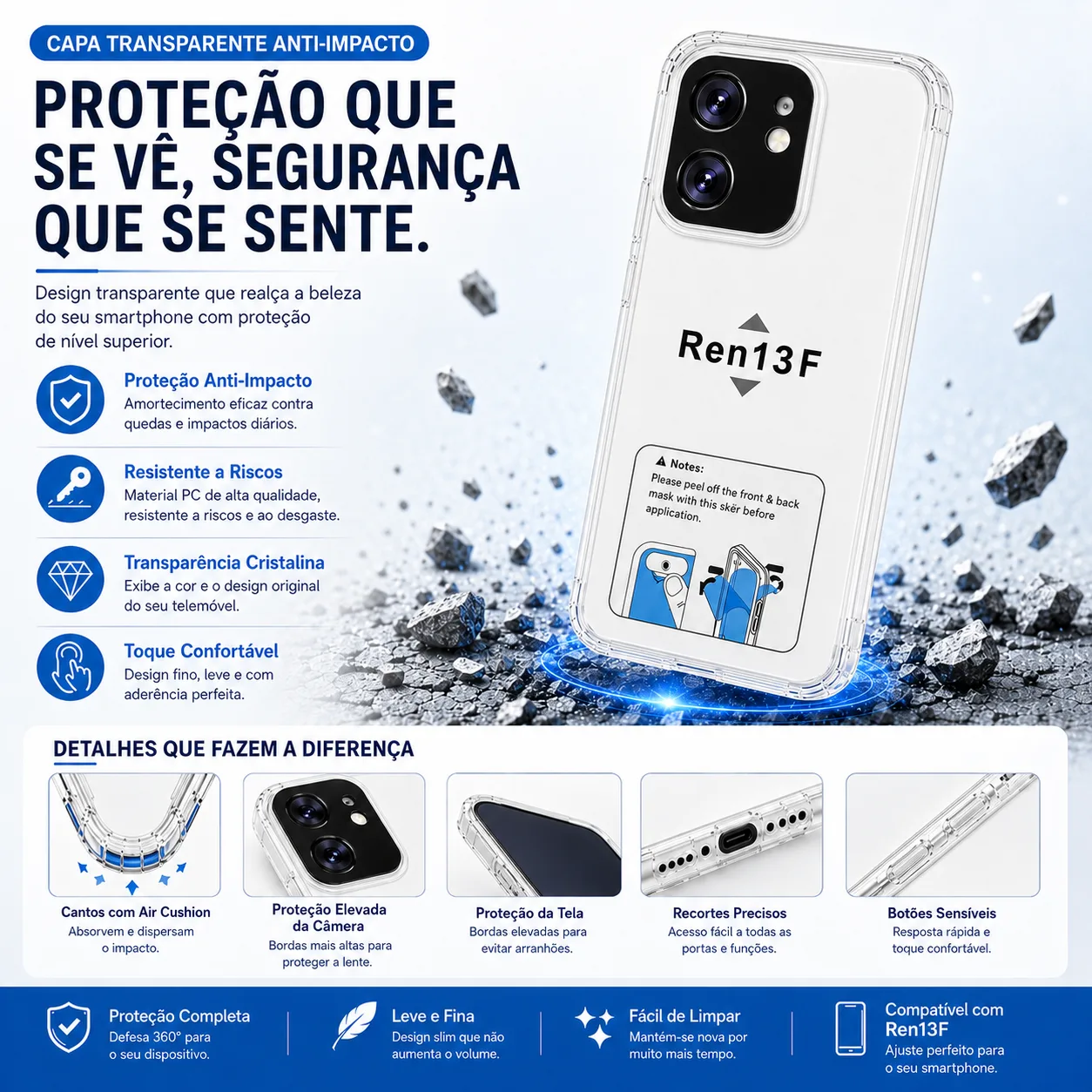 Capa OPPO Reno13 F 5G Transparente Anti-Choque Capa OPPO Reno13 F 5G transparente anti-choque