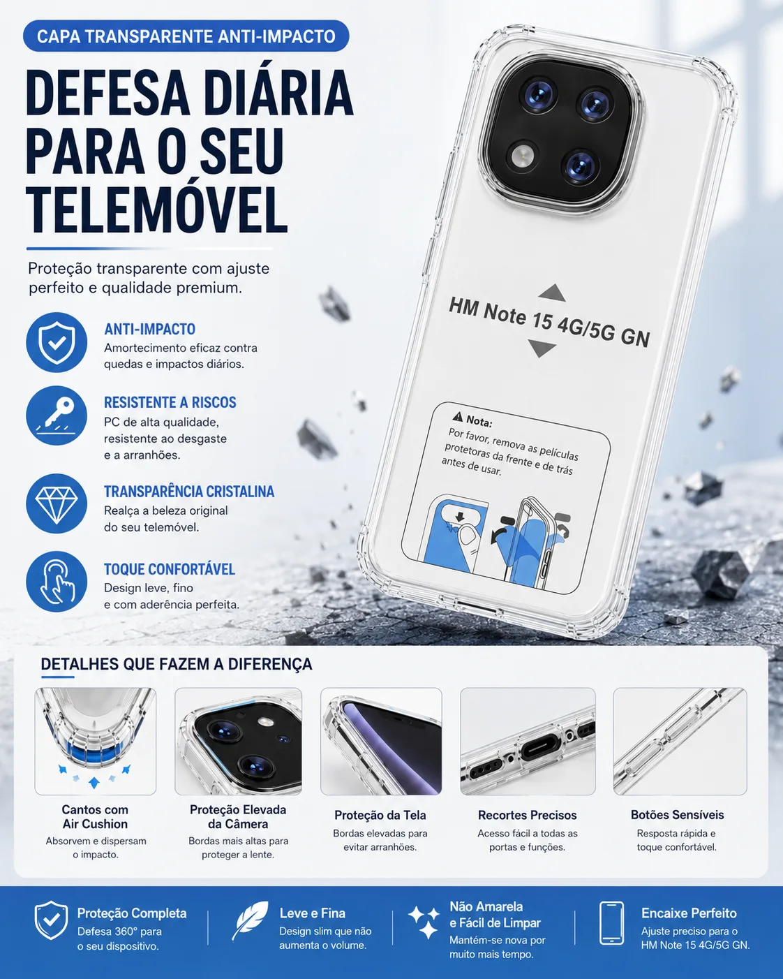 Capa Xiaomi Redmi Note 15 Pro 4G Transparente Anti-Choque Capa Xiaomi Redmi Note 15 transparente anti-choque 4G 5G
