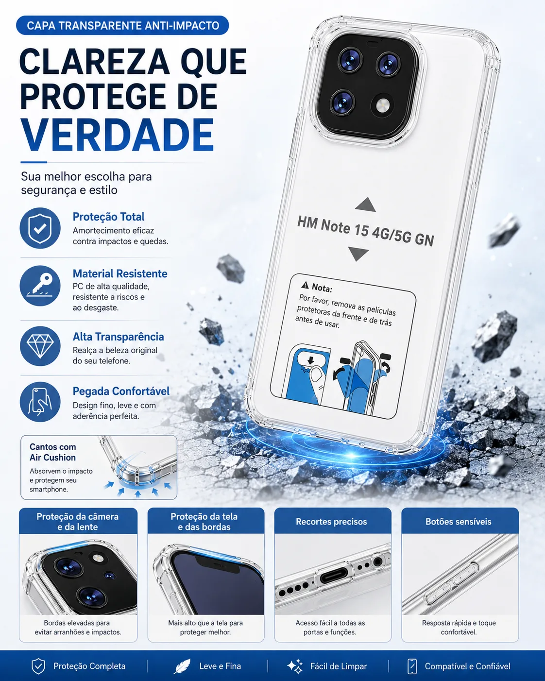 Capa Xiaomi Redmi Note 15 Pro 4G Transparente Anti-Choque Capa Xiaomi Redmi Note 15 transparente anti-choque 4G 5G