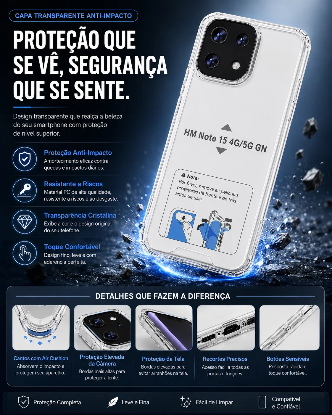Capa Xiaomi Redmi Note 15 Pro 4G Transparente Anti-Choque Capa Xiaomi Redmi Note 15 transparente anti-choque 4G 5G