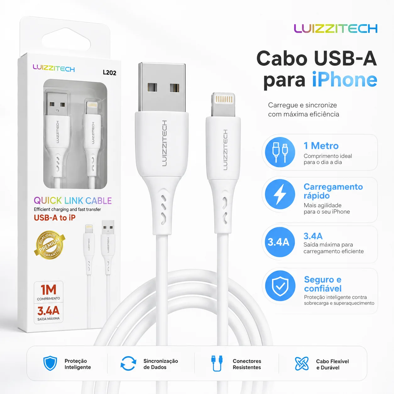 Cabo USB-A para iPhone LUIZZITECH L2102 3.4A 1 Metro Cabo Lightning branco LUIZZITECH L2102 com embalagem