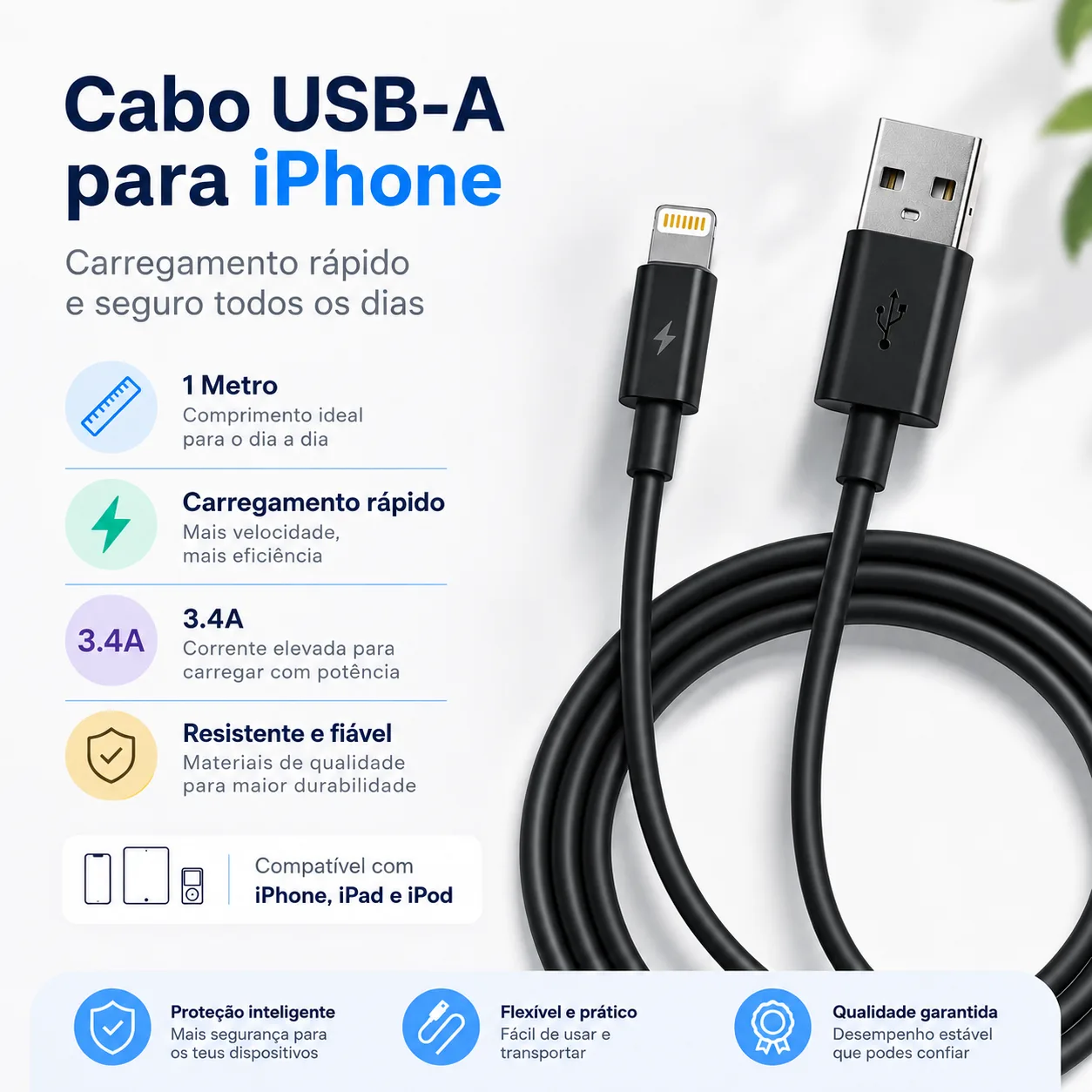 Cabo USB-A para iPhone LUIZZITECH L2102 3.4A 1 Metro Cabo USB-A para iPhone preto 3.4A 1 metro