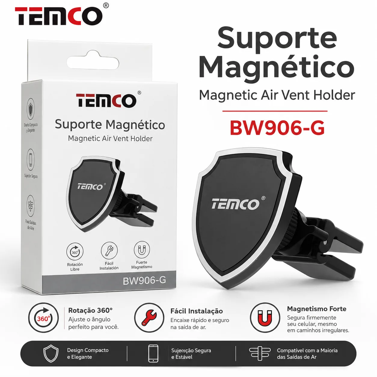 Suporte Magnético para Telemóvel TENCO BW906-G - Preto Suporte magnético TENCO BW906-G para telemóvel