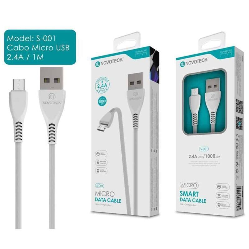 Cabo Micro USB para USB (NovoTeck S-001 - 2.4A - Branco)