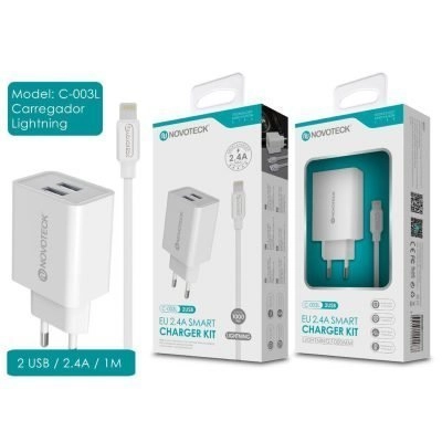 Carregador Dual USB com Cabo Lightning (C-003L NovoTeck - Branco) iPhone