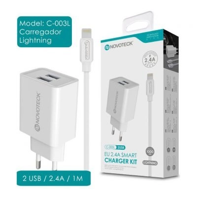 Carregador Dual USB com Cabo Lightning (C-003L NovoTeck - Branco) iPhone 5/6/7/8/SE