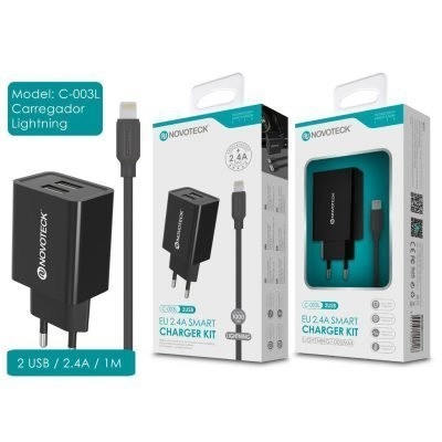 Carregador Dual USB com Cabo Lightning (C-003L NovoTeck - Preto) iPhone