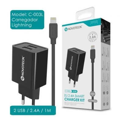 Carregador Dual USB com Cabo Lightning (C-003L NovoTeck - Preto) iPhone 5/6/7/8/SE