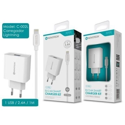 Carregador USB com Cabo Lightning (C-002l NovoTeck - Branco) iPhone 5 | 6 | 7 | 8 | SE