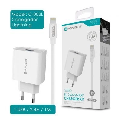 Carregador USB com Cabo Lightning (C-002l NovoTeck - Branco) iPhone 5/6/7/8/SE