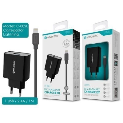 Carregador USB com Cabo Lightning (C-002l NovoTeck - Preto) iPhone 5 | 6 | 7 | 8 | SE