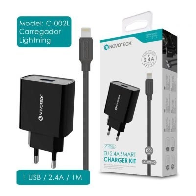 Carregador USB com Cabo Lightning (C-002l NovoTeck - Preto) iPhone 5/6/7/8/SE