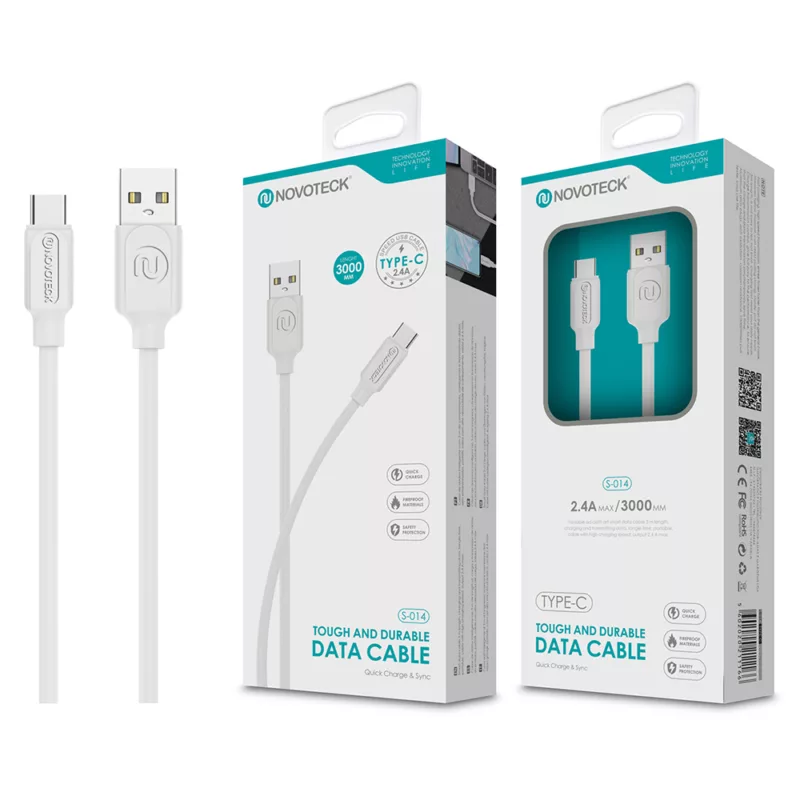 Cabo TYPE C para USB 3M (NovoTeck S-014 - 2.4A - Branco)