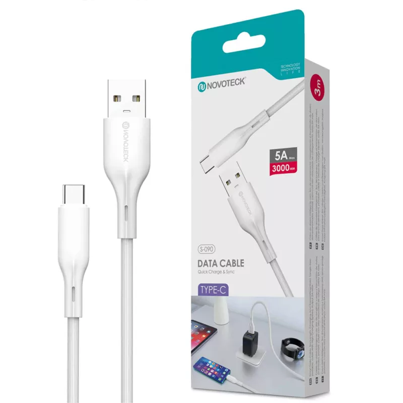 Cabo TYPE C para USB 3M (NovoTeck S-090 - 5A - Branco)