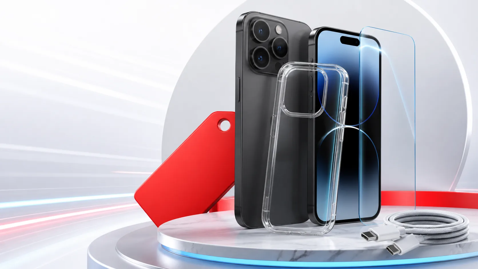 Imagem promocional do iPhone 17 Pro com capa, pelicula e acessorios recomendados