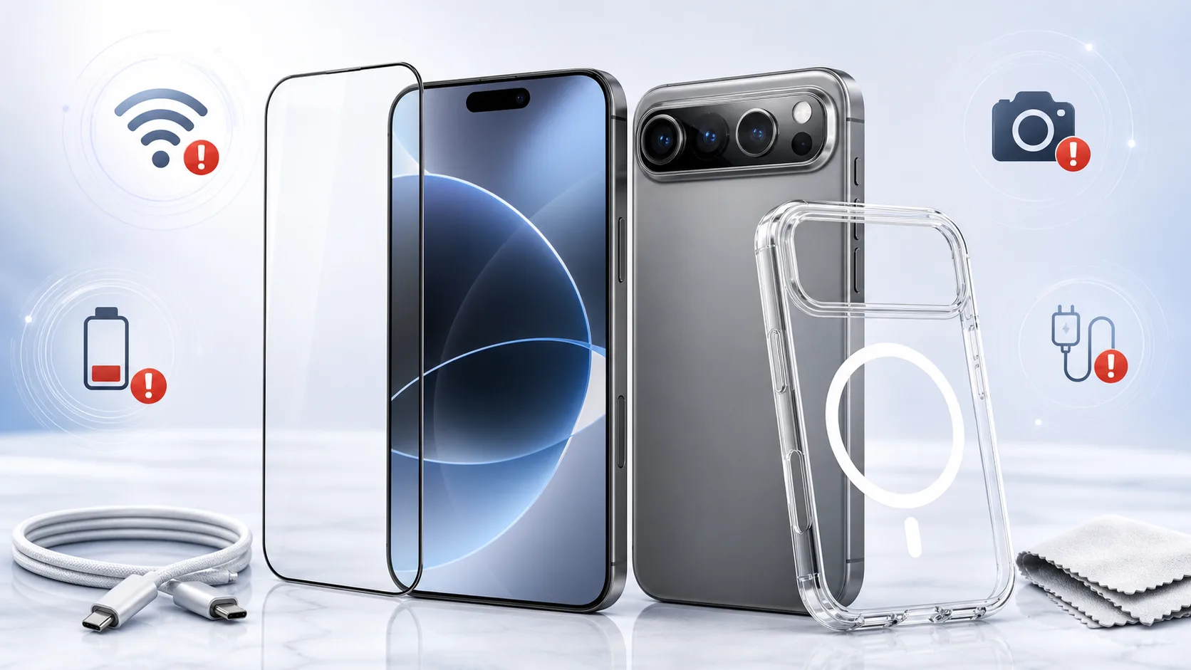 Imagem promocional do iPhone 17 Pro com modulo de camara horizontal e acessorios de protecao