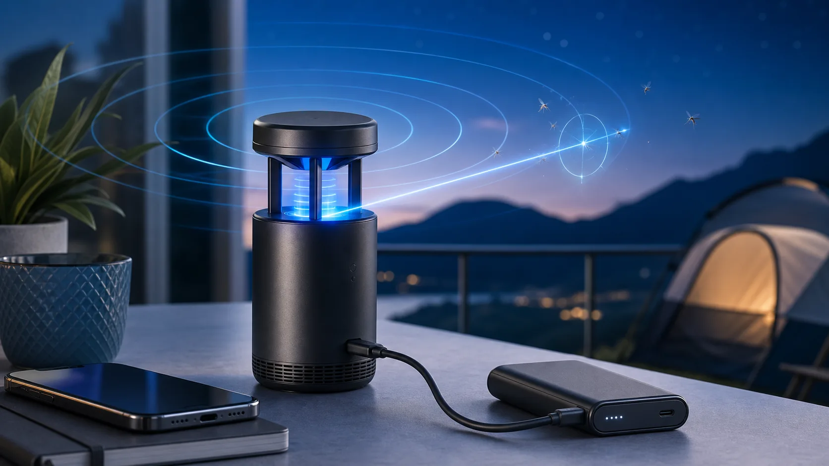 Dispositivo portatil anti-mosquitos com laser, cabo USB-C e power bank