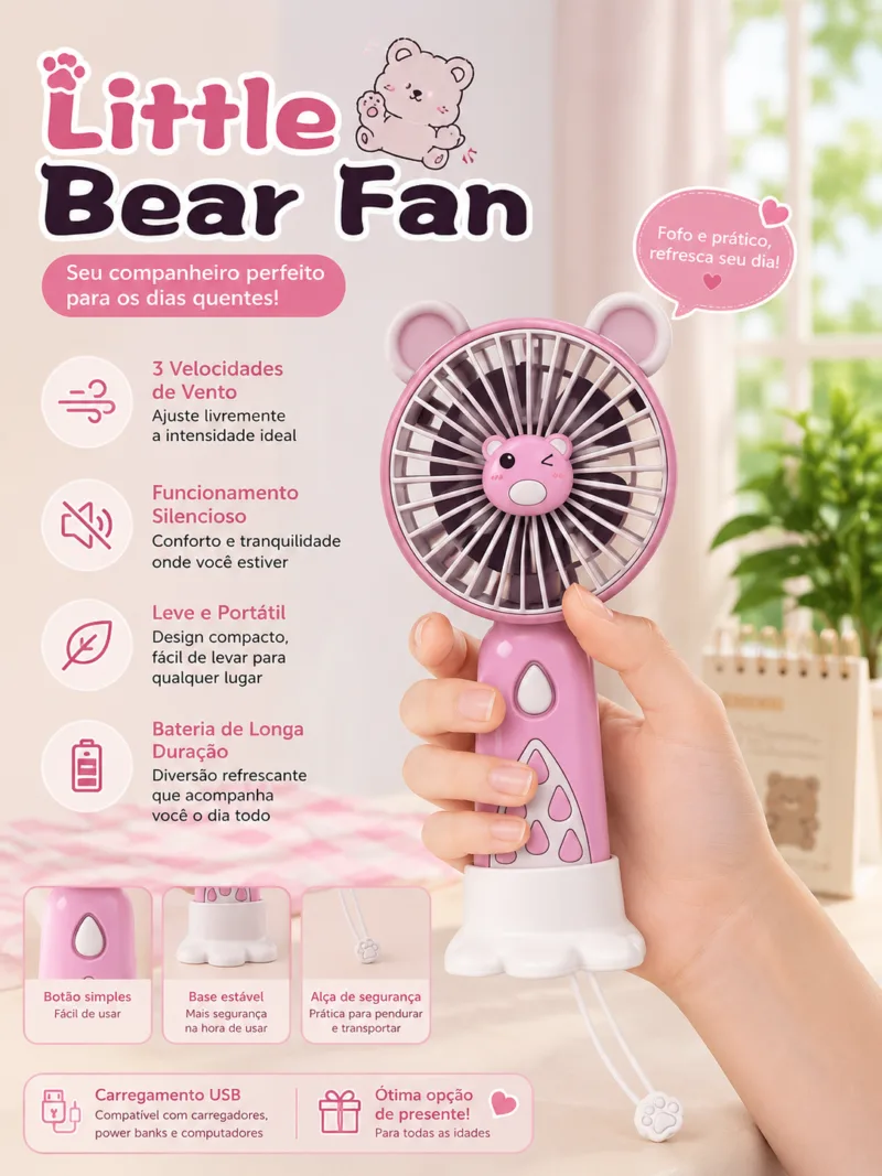 Ventoinha Portatil Little Bear USB rosa com 3 velocidades