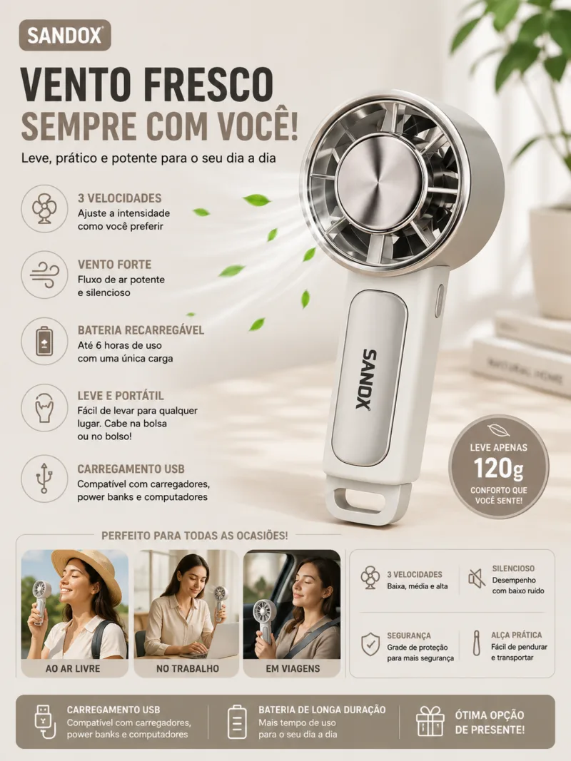 Ventoinha Portatil SANDOX USB branca com 3 velocidades