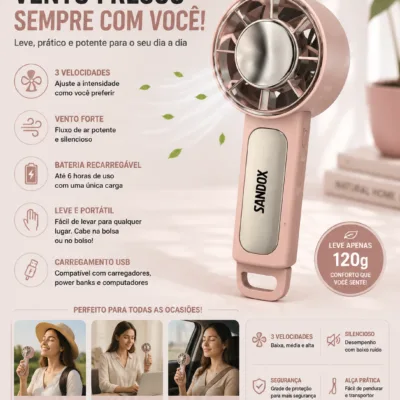 Ventoinha Portatil SANDOX USB rosa com bateria recarregavel