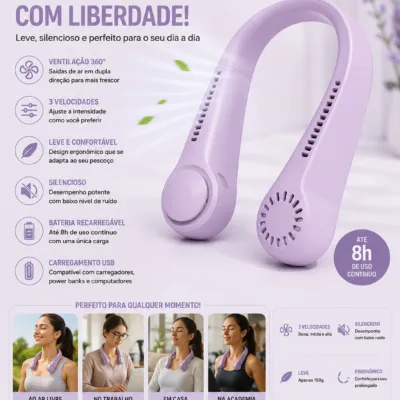 Hanging Neck Fan 360 USB lilas com 3 velocidades