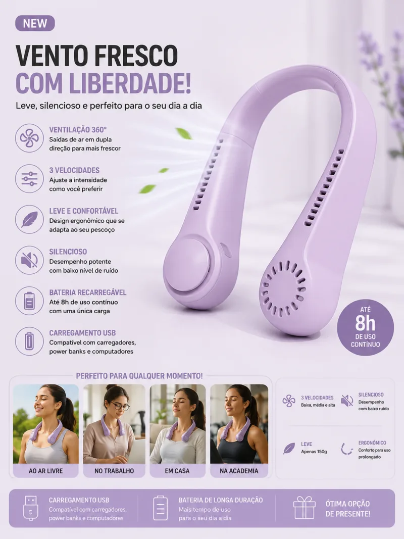 Hanging Neck Fan 360 USB lilas com 3 velocidades