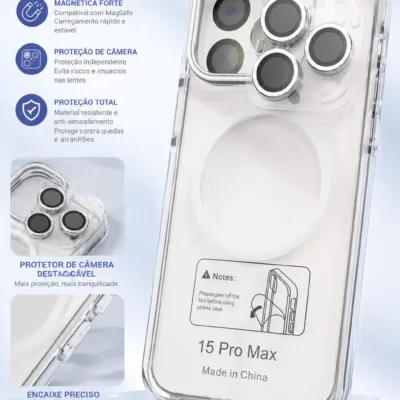 Capa iPhone 15 Pro Max MagSafe Cristal Transparente com Moldura Colorida