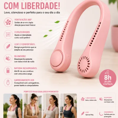 Hanging Neck Fan 360 USB rosa com bateria recarregavel