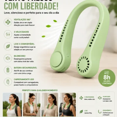Hanging Neck Fan 360 USB verde leve e silencioso