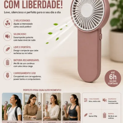 Mini Ventoinha Portatil USB 6h rosa com bateria recarregavel