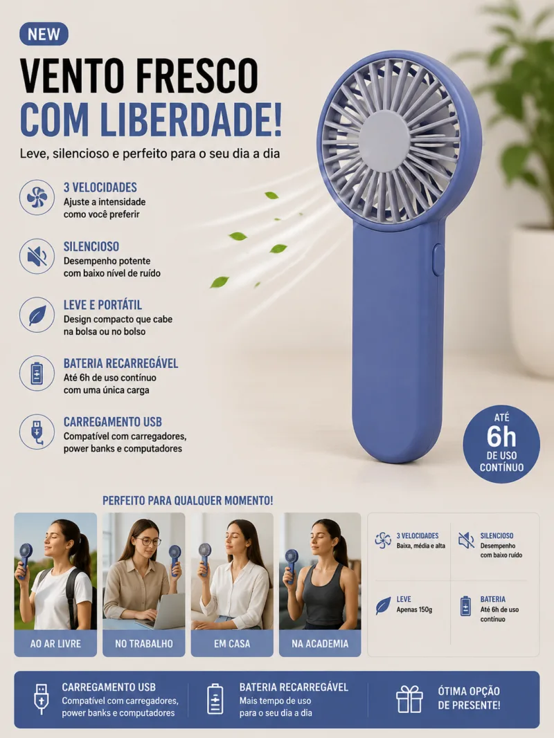 Mini Ventoinha Portatil USB 6h azul com 3 velocidades