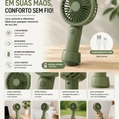 Ventoinha portatil USB verde com base de apoio