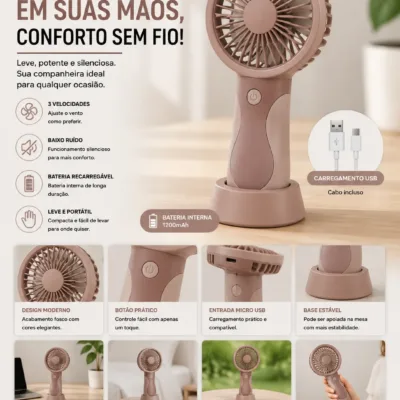 Ventoinha portatil USB rosa com base de apoio