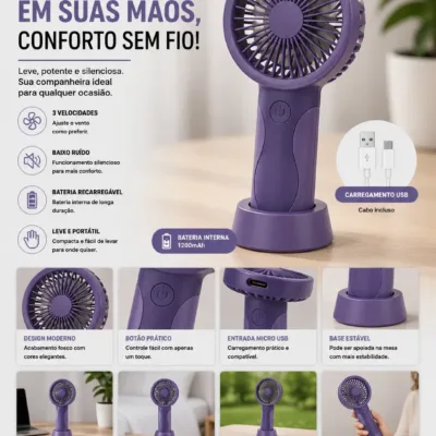 Ventoinha portatil USB roxa com base de apoio