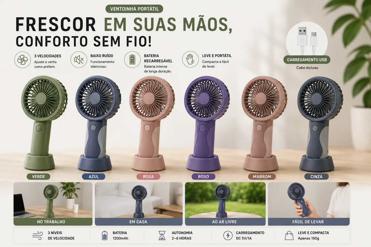 Conjunto de ventoinha portatil USB com base em varias cores