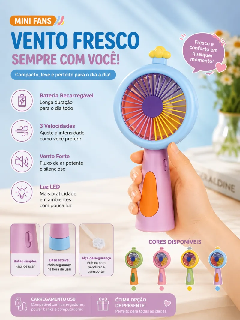 Mini Fan USB Luz LED azul com 3 velocidades