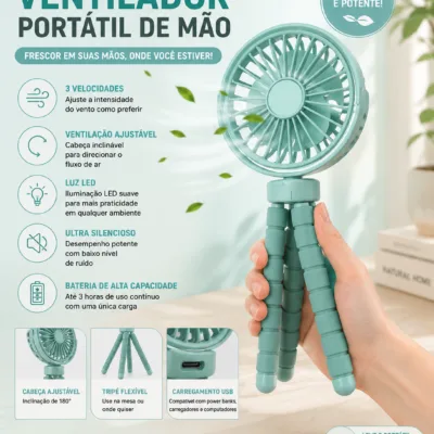 Ventilador Portatil de Mao Pritech USB com tripe flexivel e luz LED
