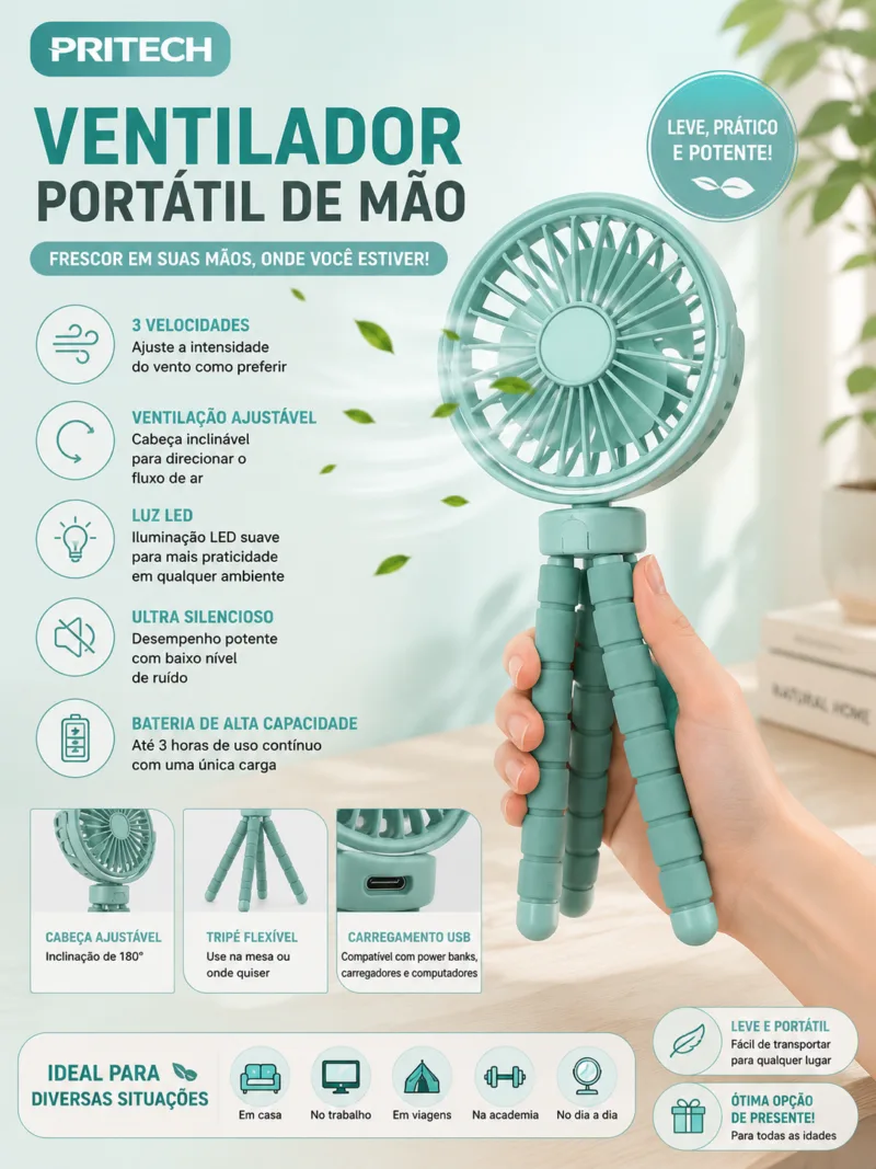 Ventilador Portatil de Mao Pritech USB com tripe flexivel e luz LED