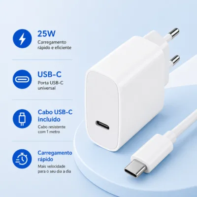 Carregador rápido 25W USB-C com cabo e carregamento rápido