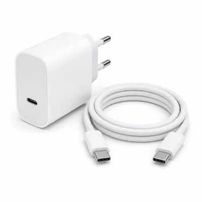 Carregador 25W USB-C com cabo USB-C incluído em fundo branco