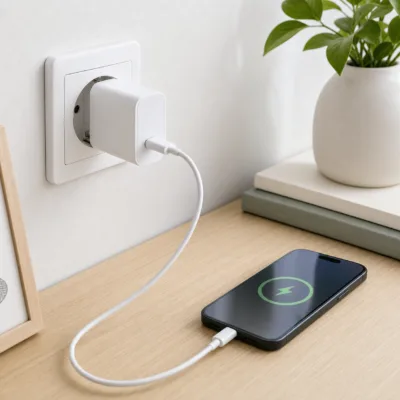 Carregador 25W USB-C a carregar telemóvel em casa