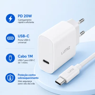 Lumiz CD325 PD 20W USB-C carregador rápido com cabo 1 metro