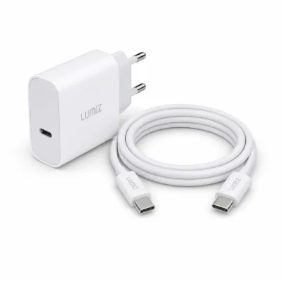 Carregador Lumiz CD325 PD 20W USB-C com cabo Type-C em fundo branco