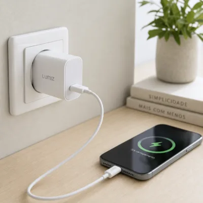 Carregador Lumiz CD325 USB-C a carregar telemóvel em casa