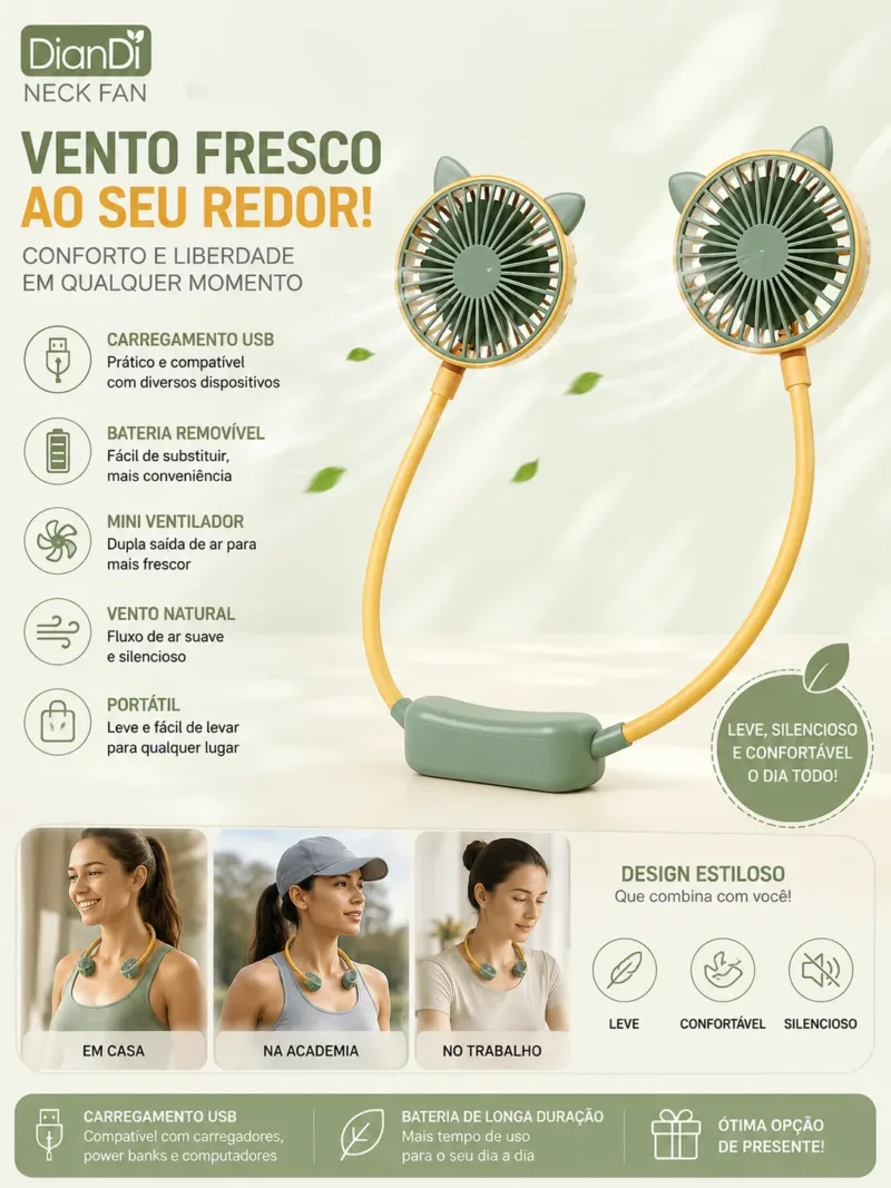 Ventilador de Pescoco DianDi USB com dupla saida de ar